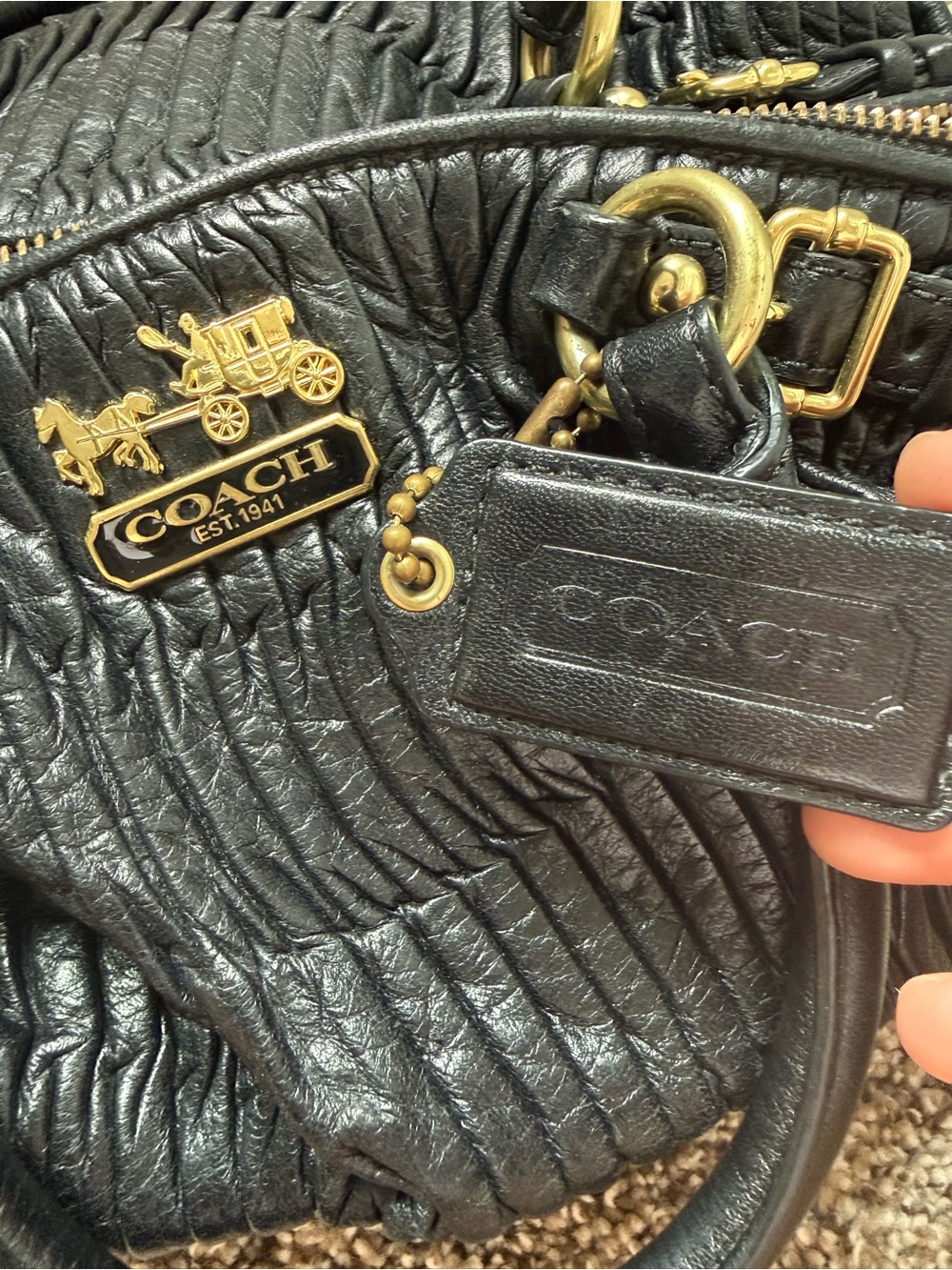 Coach Black Ruched Leather Satchel with Gold-Tone Accents - Picture 6 of 6